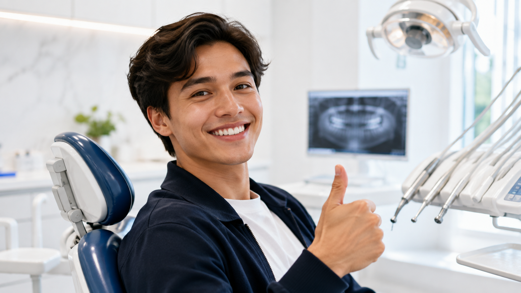 Happy dental clinic visitor giving thumbs up